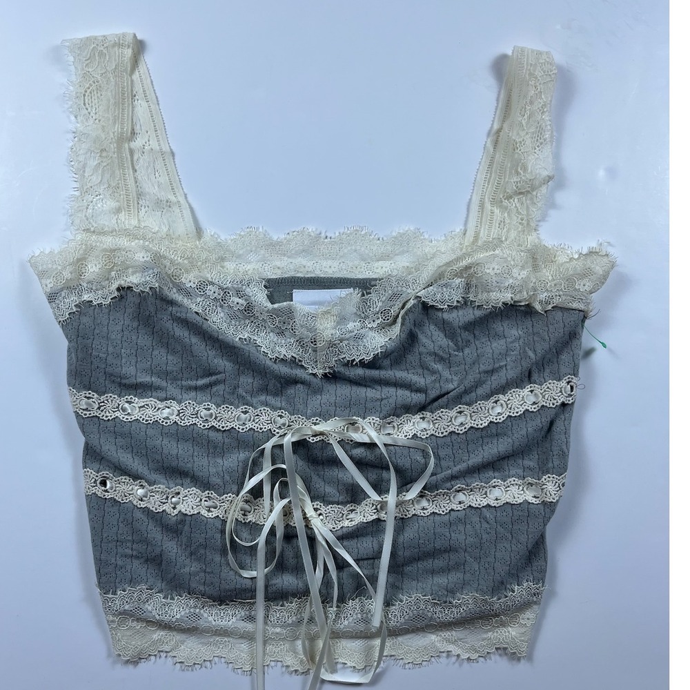 Sky to Moon Grey Lace Trim Cami Top Fairy Boho Y2K Style Ribbon Bows Small
